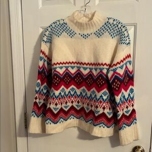 LOFT Cream and Red Patterned Turtleneck Sweater